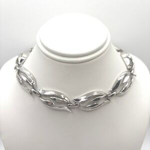 Vintage‎ Silver Tone Leaf Link Choker Necklace MCM Adjustable J-Hook 15-17 Inch